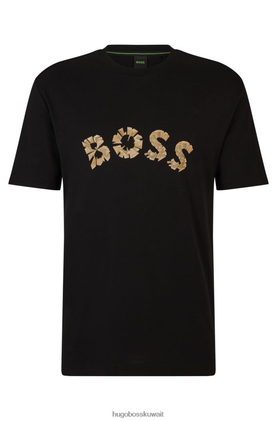 4TFNJN1901 أسود Hugo Boss تيشيرت من الجيرسي القطني باللون الأسود مع شعار هوغو منحني بتأثير معدني