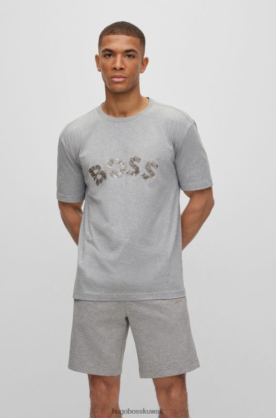 4TFNJN1902 رمادي فاتح Hugo Boss تي شيرت من الجيرسي القطني مع شعار هوغو منحني بتأثير معدني، رمادي فاتح
