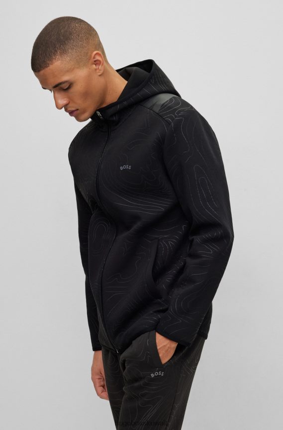 4TFNJN1906 أسود Hugo Boss سترة بغطاء رأس بسحاب من مزيج القطن x ajbxng