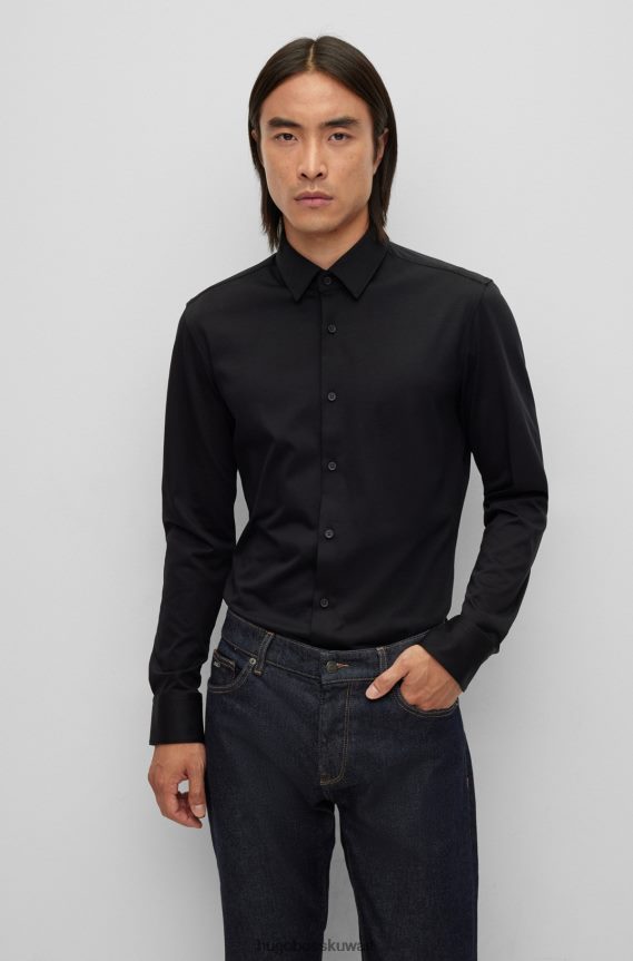 4TFNJN1912 أسود Hugo Boss قميص Hugo أسود بقصة ضيقة مصنوع من مزيج القطن المطاطي عالي الأداء