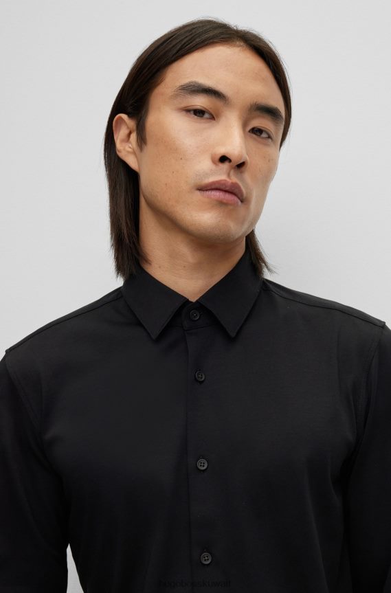 4TFNJN1912 أسود Hugo Boss قميص Hugo أسود بقصة ضيقة مصنوع من مزيج القطن المطاطي عالي الأداء