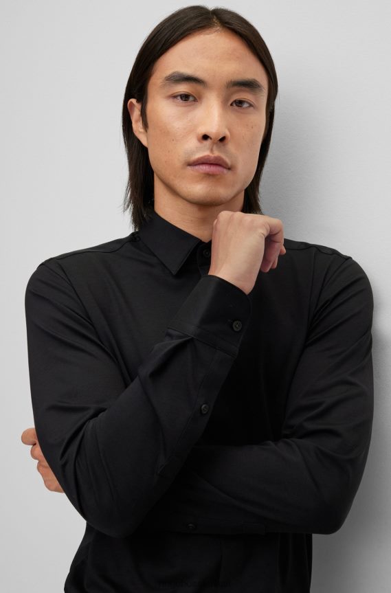 4TFNJN1912 أسود Hugo Boss قميص Hugo أسود بقصة ضيقة مصنوع من مزيج القطن المطاطي عالي الأداء