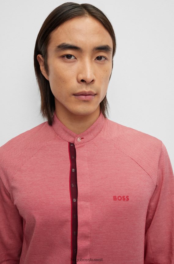 4TFNJN1916 أحمر فاتح Hugo Boss قميص بدون ياقة بقصة عادية من قطن بيكيه © Hugo باللون الأحمر الفاتح