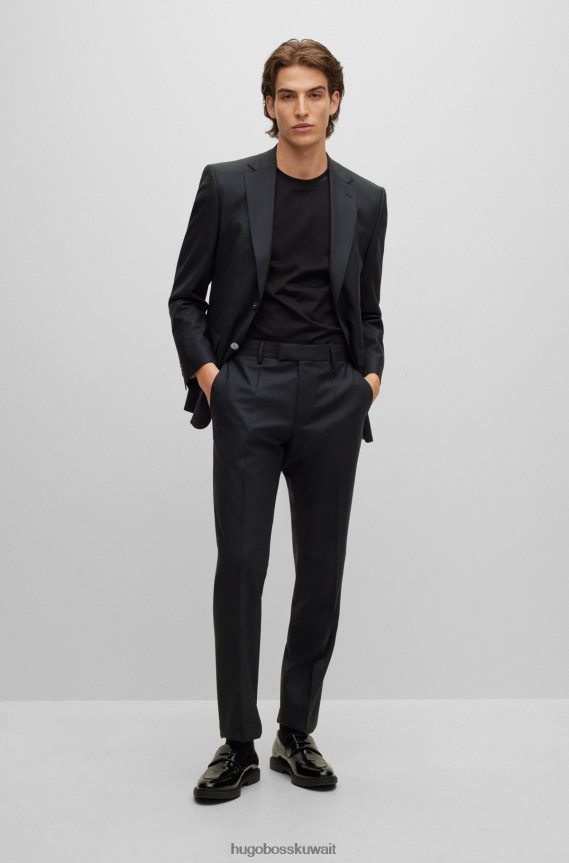 4TFNJN1920 أسود Hugo Boss بدلة ذات مقاس عادي من مزيج الصوف الأسود المنقوش بنقشات دقيقة