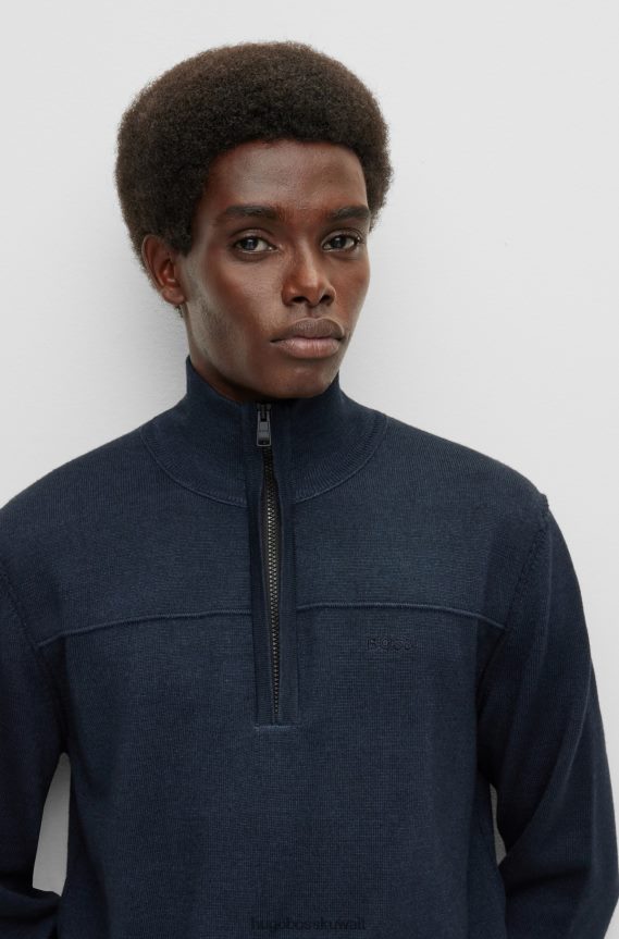 4TFNJN1921 أزرق غامق Hugo Boss سترة زرقاء داكنة برقبة بسحاب من الصوف البكر والقطن العضوي