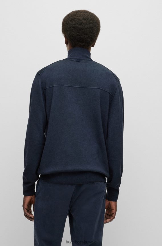 4TFNJN1921 أزرق غامق Hugo Boss سترة زرقاء داكنة برقبة بسحاب من الصوف البكر والقطن العضوي