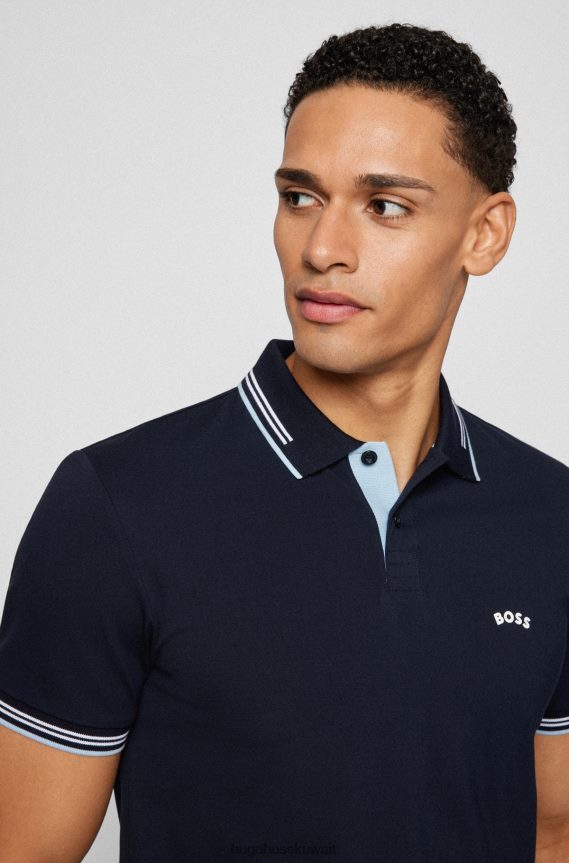 4TFNJN1927 أزرق غامق Hugo Boss قميص بولو بقصّة ضيقة وشعار الماركة منحني باللون الأزرق الداكن، مصنوع من قطن بيكيه© هوغو المطاطي