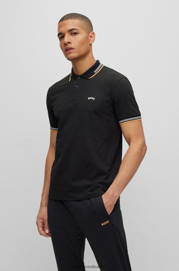 4TFNJN1928 أسود Hugo Boss قميص بولو بقصة ضيقة وشعار منحني من قطن بيكيه © Hugo باللون الأسود