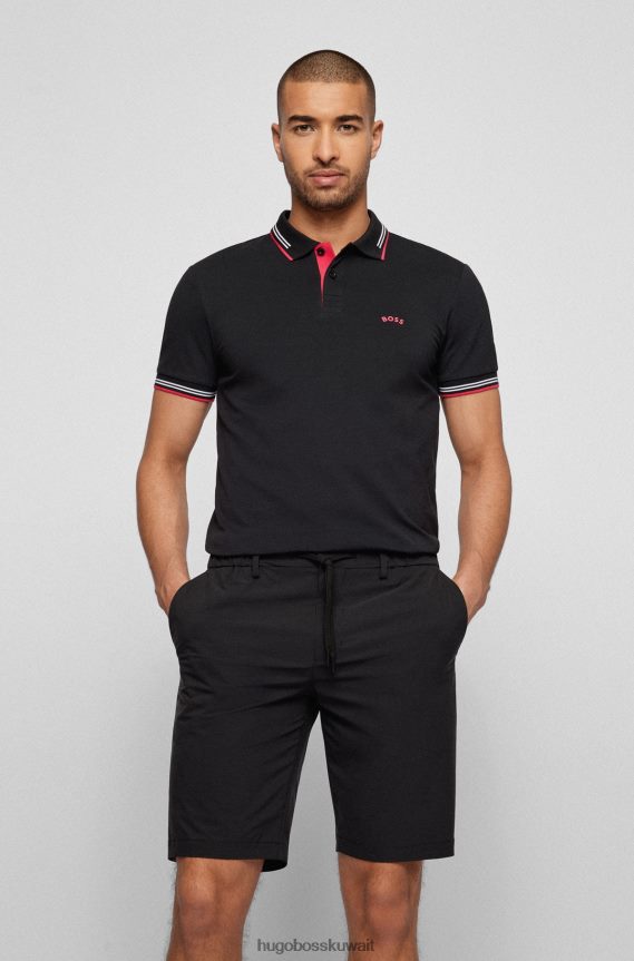 4TFNJN1929 أسود Hugo Boss قميص بولو بقصّة ضيقة وشعار الماركة منحني باللون الأسود، مصنوع من قطن بيكيه ©