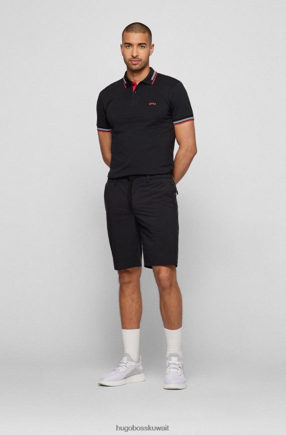 4TFNJN1929 أسود Hugo Boss قميص بولو بقصّة ضيقة وشعار الماركة منحني باللون الأسود، مصنوع من قطن بيكيه ©