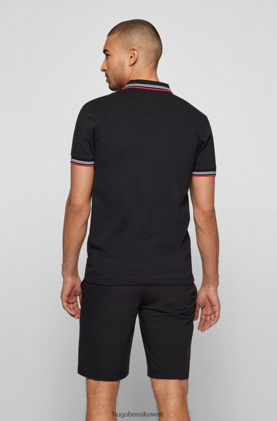 4TFNJN1929 أسود Hugo Boss قميص بولو بقصّة ضيقة وشعار الماركة منحني باللون الأسود، مصنوع من قطن بيكيه ©