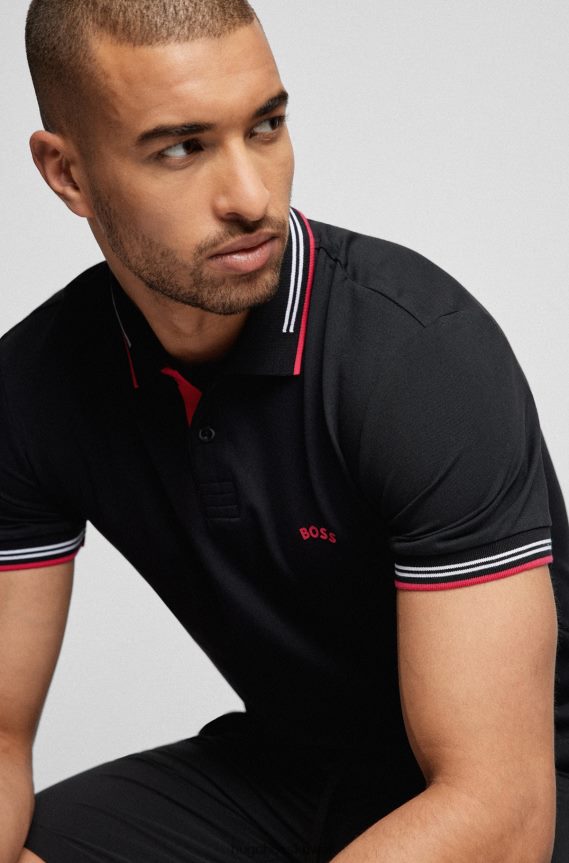 4TFNJN1929 أسود Hugo Boss قميص بولو بقصّة ضيقة وشعار الماركة منحني باللون الأسود، مصنوع من قطن بيكيه ©