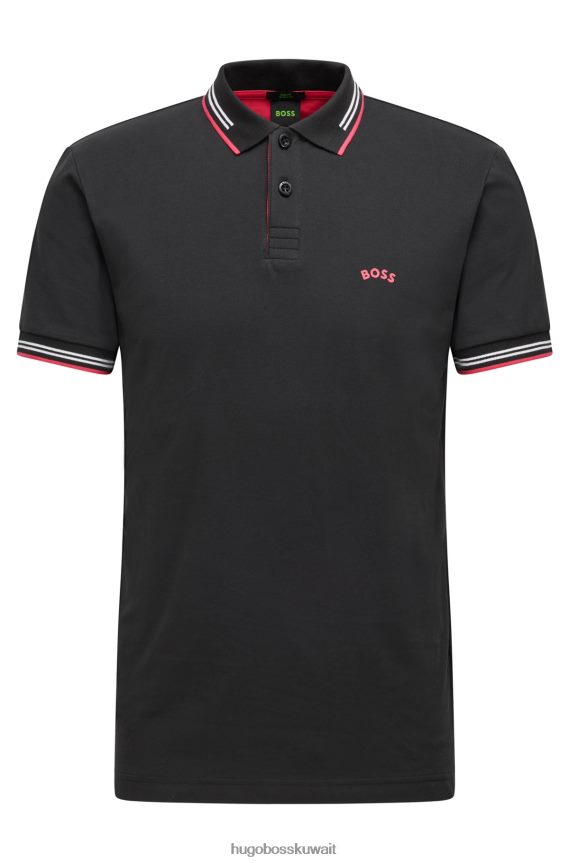 4TFNJN1929 أسود Hugo Boss قميص بولو بقصّة ضيقة وشعار الماركة منحني باللون الأسود، مصنوع من قطن بيكيه ©