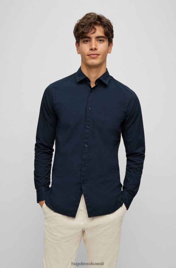 4TFNJN1931 أزرق غامق Hugo Boss قميص Hugo بقصة ضيقة من قماش البوبلين القطني المطاطي باللون الأزرق الداكن
