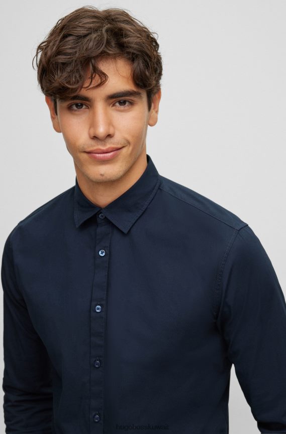 4TFNJN1931 أزرق غامق Hugo Boss قميص Hugo بقصة ضيقة من قماش البوبلين القطني المطاطي باللون الأزرق الداكن