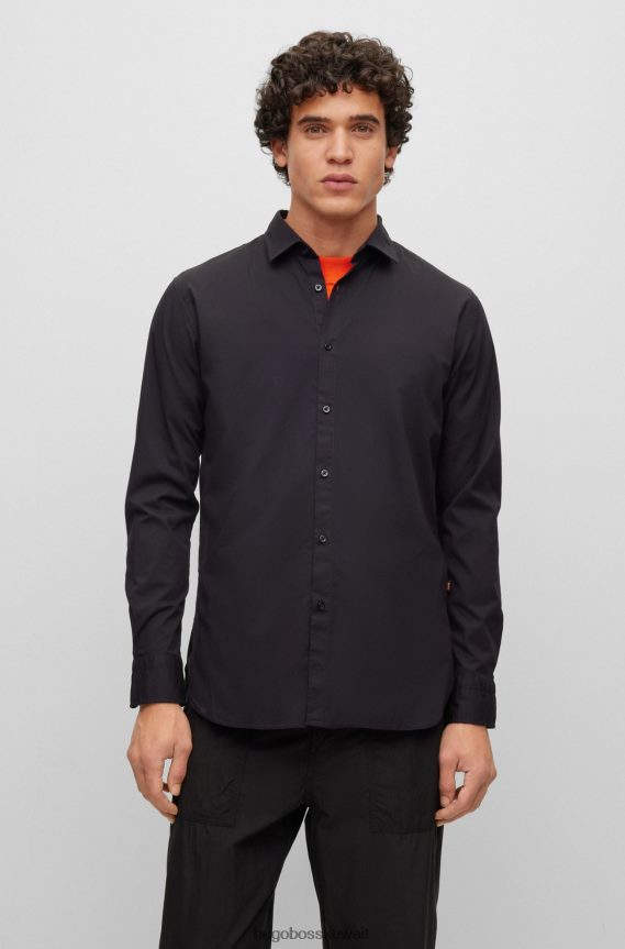 4TFNJN1935 أسود Hugo Boss قميص هوغو أسود بقصة ضيقة من قماش البوبلين القطني المطاطي