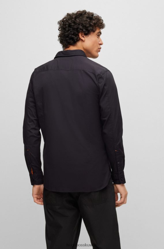4TFNJN1935 أسود Hugo Boss قميص هوغو أسود بقصة ضيقة من قماش البوبلين القطني المطاطي