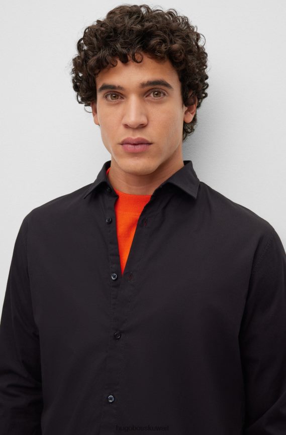 4TFNJN1935 أسود Hugo Boss قميص هوغو أسود بقصة ضيقة من قماش البوبلين القطني المطاطي