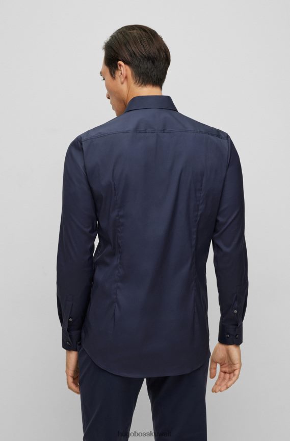 4TFNJN1946 أزرق غامق Hugo Boss قميص بقصّة ضيّقة مصنوع من قماش البوبلين القطني المخلوط سهل الكي باللون الأزرق الداكن