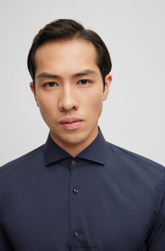 4TFNJN1946 أزرق غامق Hugo Boss قميص بقصّة ضيّقة مصنوع من قماش البوبلين القطني المخلوط سهل الكي باللون الأزرق الداكن