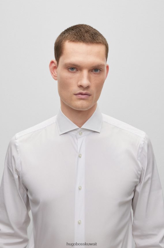 4TFNJN1947 أبيض Hugo Boss قميص Hugo الأبيض بقصة ضيقة مصنوع من قماش البوبلين المصنوع من مزيج القطن سهل الكي