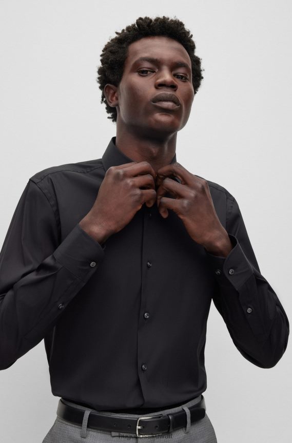 4TFNJN1948 أسود Hugo Boss قميص Hugo أسود بقصة ضيقة مصنوع من قماش البوبلين المصنوع من مزيج القطن سهل الكي