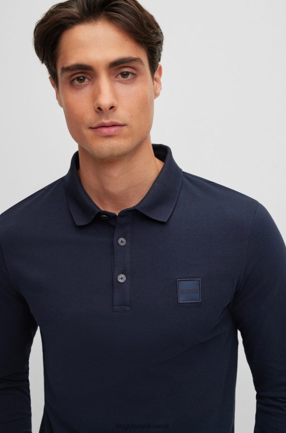 4TFNJN1957 أزرق غامق Hugo Boss قميص بولو بقصة ضيقة وأكمام طويلة مع رقعة شعار هوغو باللون الأزرق الداكن
