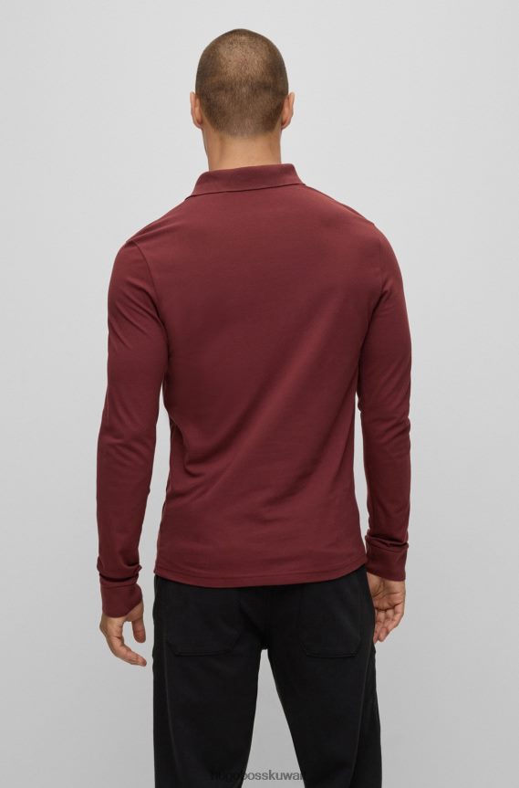 4TFNJN1958 احمر غامق Hugo Boss قميص بولو أحمر داكن بأكمام طويلة وقصة ضيقة مع رقعة شعار هوغو