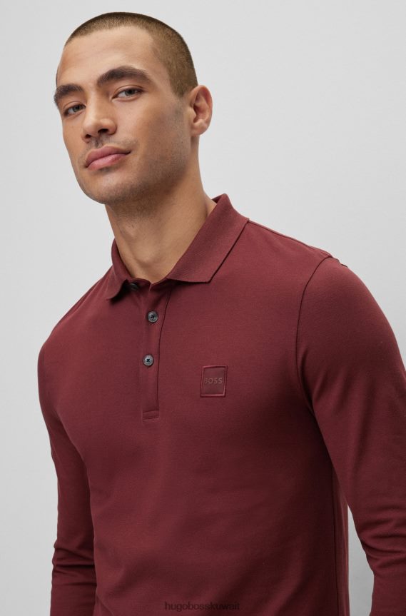 4TFNJN1958 احمر غامق Hugo Boss قميص بولو أحمر داكن بأكمام طويلة وقصة ضيقة مع رقعة شعار هوغو