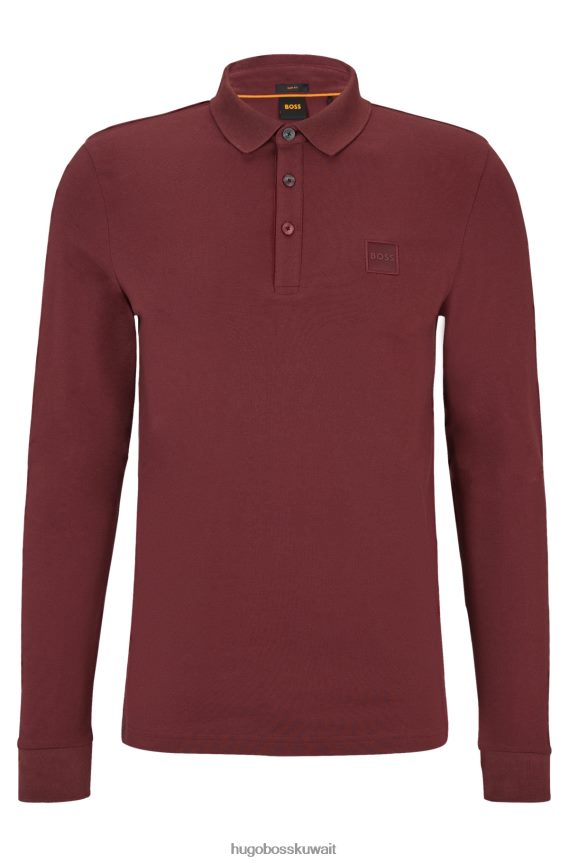 4TFNJN1958 احمر غامق Hugo Boss قميص بولو أحمر داكن بأكمام طويلة وقصة ضيقة مع رقعة شعار هوغو