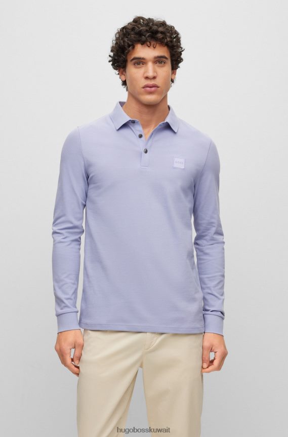 4TFNJN1959 ضوء ارجواني Hugo Boss قميص بولو بقصة ضيقة وأكمام طويلة مع رقعة شعار Hugo باللون الأرجواني الفاتح