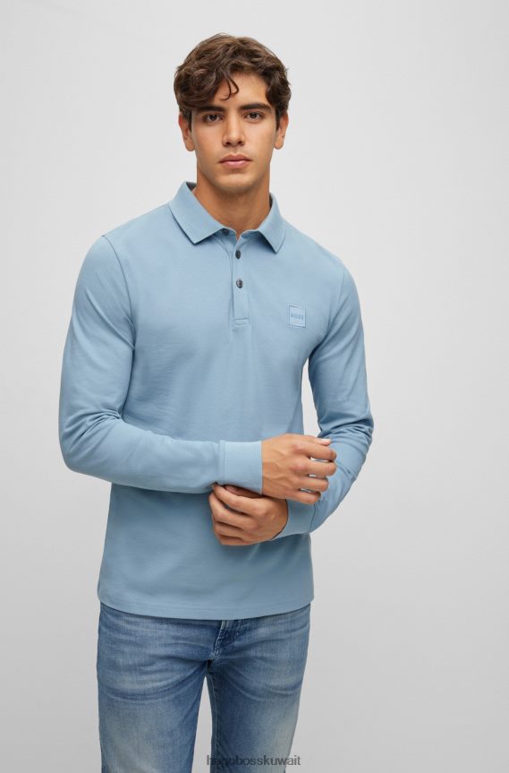 4TFNJN1960 أزرق فاتح Hugo Boss قميص بولو هوغو أزرق فاتح بأكمام طويلة وقصة ضيقة مع رقعة شعار