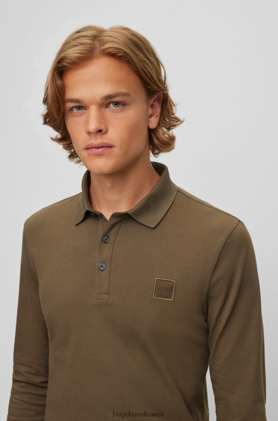 4TFNJN1961 أخضر غامق Hugo Boss قميص بولو هوغو أخضر داكن بأكمام طويلة وقصة ضيقة مع رقعة الشعار