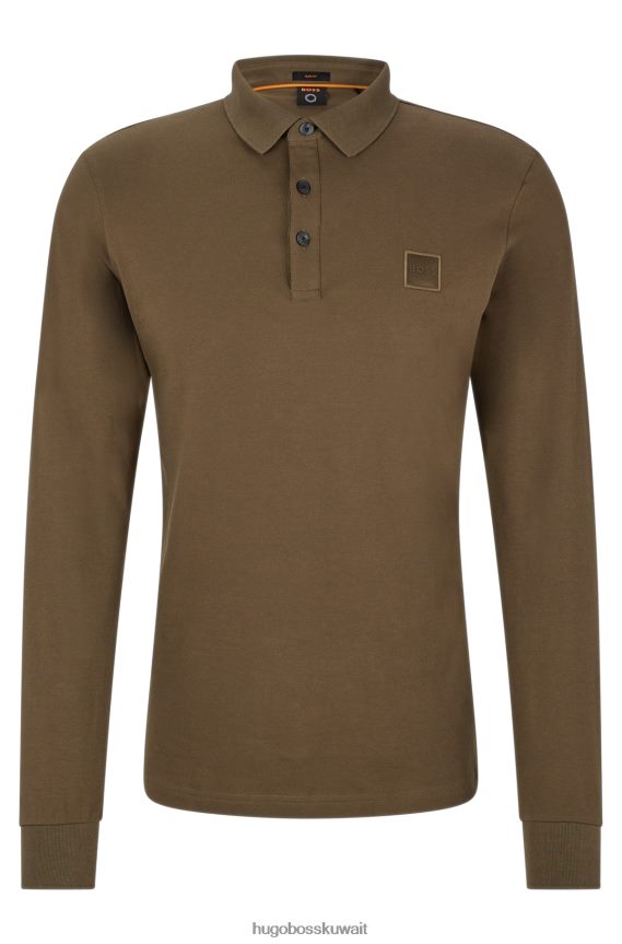 4TFNJN1961 أخضر غامق Hugo Boss قميص بولو هوغو أخضر داكن بأكمام طويلة وقصة ضيقة مع رقعة الشعار