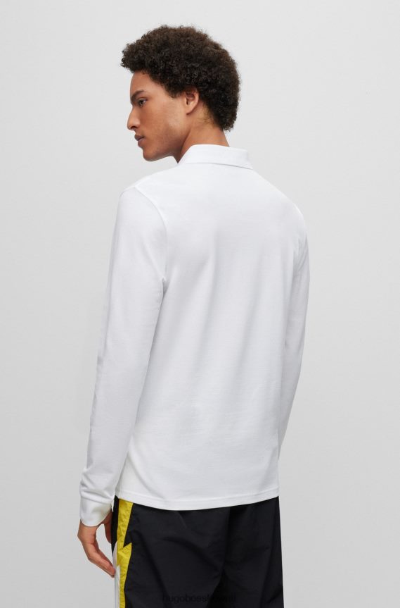 4TFNJN1962 أبيض Hugo Boss قميص بولو هوغو بأكمام طويلة وقصة ضيقة مع رقعة شعار باللون الأبيض
