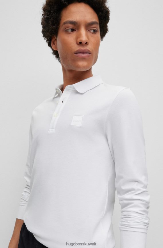 4TFNJN1962 أبيض Hugo Boss قميص بولو هوغو بأكمام طويلة وقصة ضيقة مع رقعة شعار باللون الأبيض