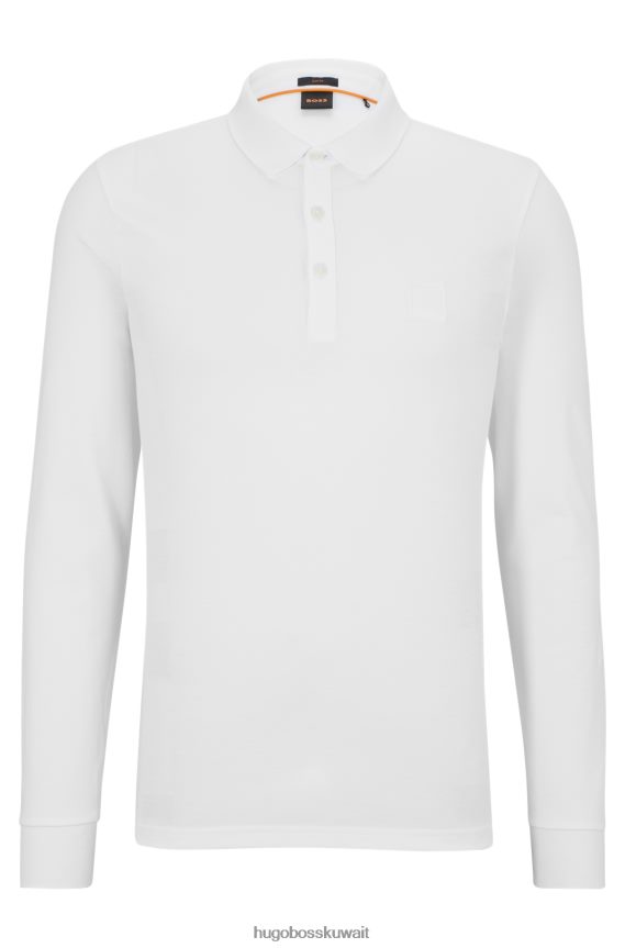 4TFNJN1962 أبيض Hugo Boss قميص بولو هوغو بأكمام طويلة وقصة ضيقة مع رقعة شعار باللون الأبيض