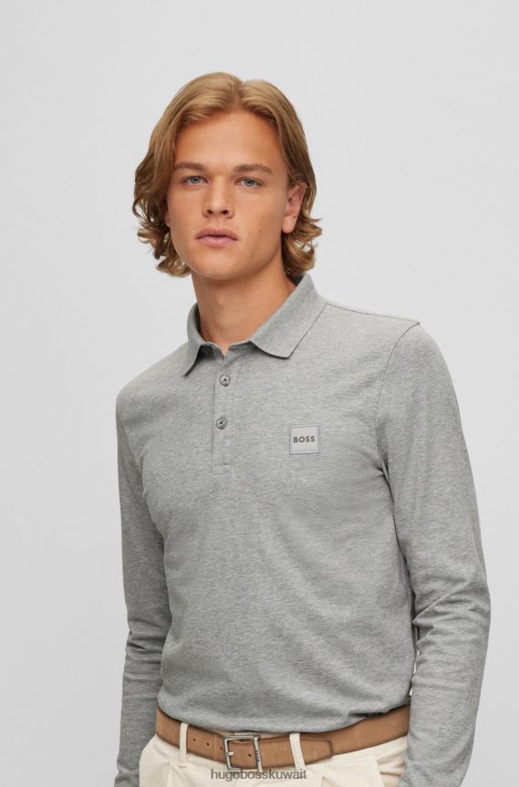 4TFNJN1963 رمادي فاتح Hugo Boss قميص بولو بقصة ضيقة وأكمام طويلة مع رقعة شعار باللون الرمادي الفاتح