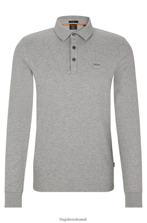 4TFNJN1963 رمادي فاتح Hugo Boss قميص بولو بقصة ضيقة وأكمام طويلة مع رقعة شعار باللون الرمادي الفاتح