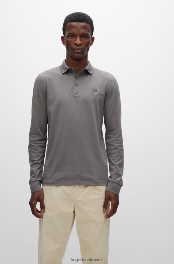 4TFNJN1964 الرمادي الداكن Hugo Boss قميص بولو رمادي داكن بأكمام طويلة وقصة ضيقة مع رقعة شعار Hugo