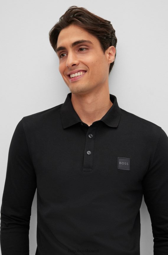 4TFNJN1965 أسود Hugo Boss قميص بولو بقصة ضيقة وأكمام طويلة مع رقعة شعار هوغو باللون الأسود