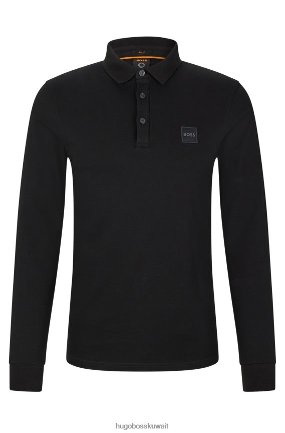 4TFNJN1965 أسود Hugo Boss قميص بولو بقصة ضيقة وأكمام طويلة مع رقعة شعار هوغو باللون الأسود