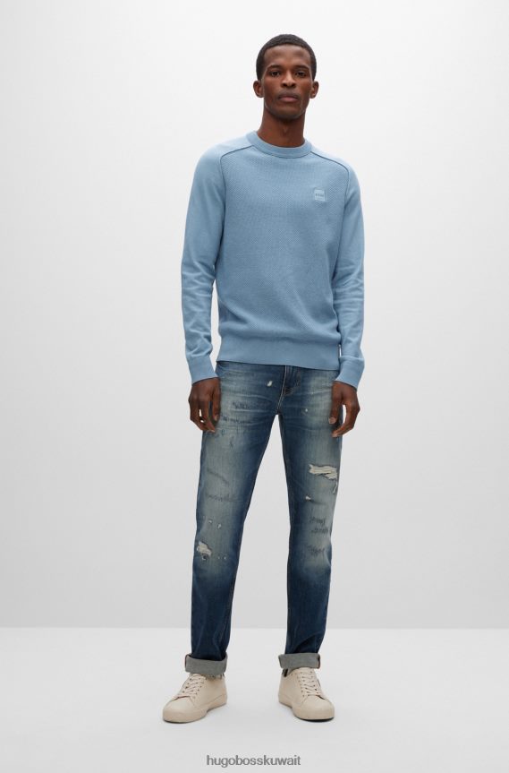 4TFNJN1970 أزرق Hugo Boss سترة زرقاء من القطن والكشمير ذات هيكل مختلط مع ملصق هوغو المنسوج