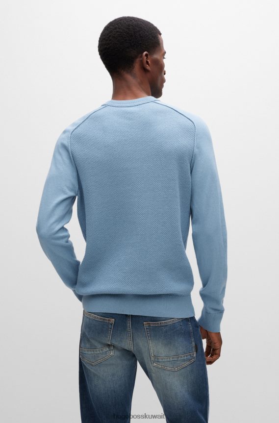 4TFNJN1970 أزرق Hugo Boss سترة زرقاء من القطن والكشمير ذات هيكل مختلط مع ملصق هوغو المنسوج