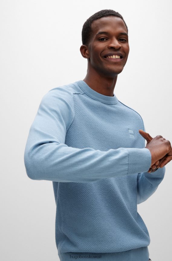 4TFNJN1970 أزرق Hugo Boss سترة زرقاء من القطن والكشمير ذات هيكل مختلط مع ملصق هوغو المنسوج