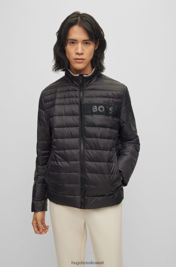 4TFNJN1972 أسود Hugo Boss سترة هوغو سوداء مبطنة مقاومة للماء مع شريط شعار ثلاثي الأبعاد