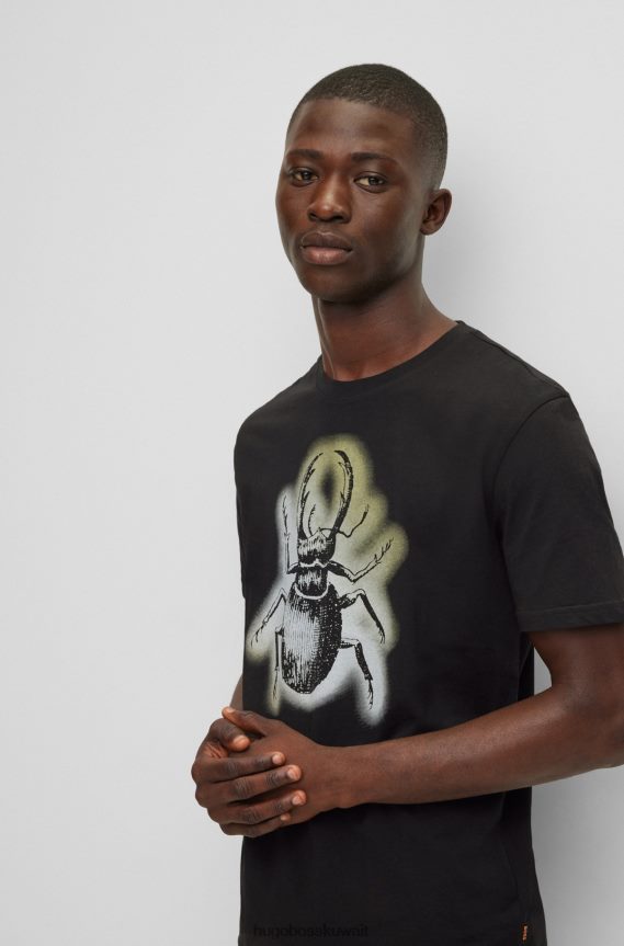 4TFNJN1975 أسود Hugo Boss تي شيرت من الجيرسي القطني مع مجموعة من الأعمال الفنية باللون الأسود من هوغو