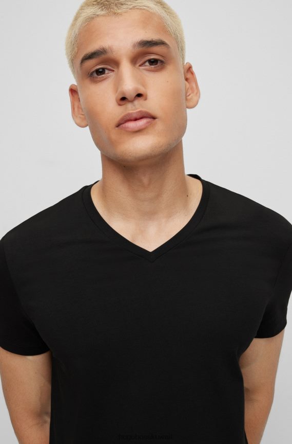 4TFNJN1981 أسود Hugo Boss حزمة من قطعتين من تيشيرتات برقبة على شكل حرف V مصنوعة من قطن الجيرسيه المطاطي باللون الأسود