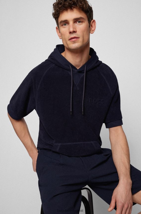 4TFNJN1994 أزرق غامق Hugo Boss سويت شيرت بغطاء للرأس بأكمام قصيرة من قماش تيري القطني باللون الأزرق الداكن
