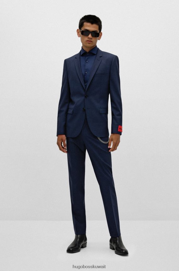 4TFNJN2012 أزرق غامق Hugo Boss بدلة Hugo فائقة النحافة مصنوعة من الصوف المطاطي المنقوش باللون الأزرق الداكن